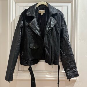 Michael Kors Black Leather Jacket Asymmetrical Zipper - Size Large